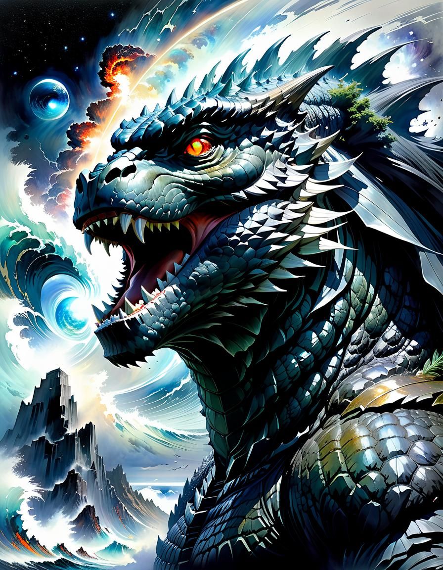 Godzilla Double Exposure: Watercolor Ocean Universe