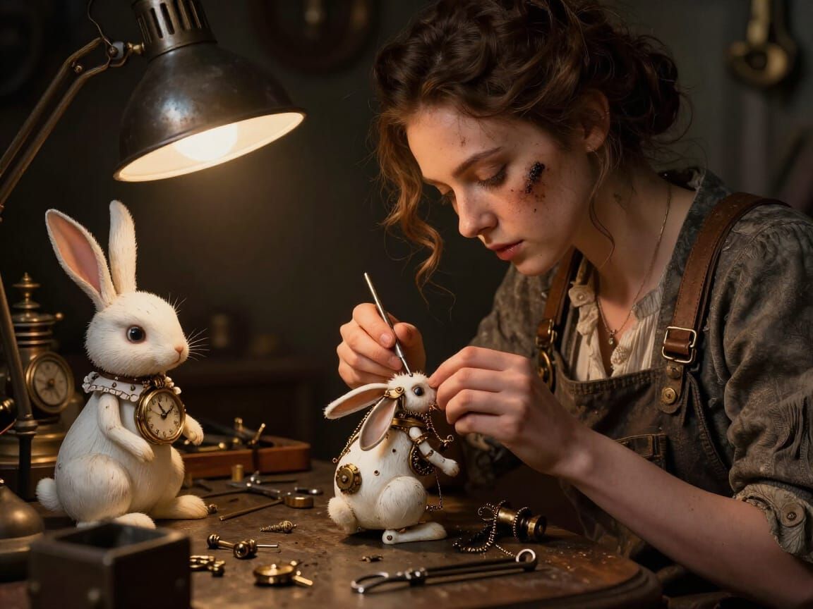 Steampunk Tinkerer Repairs Clockwork Bunny