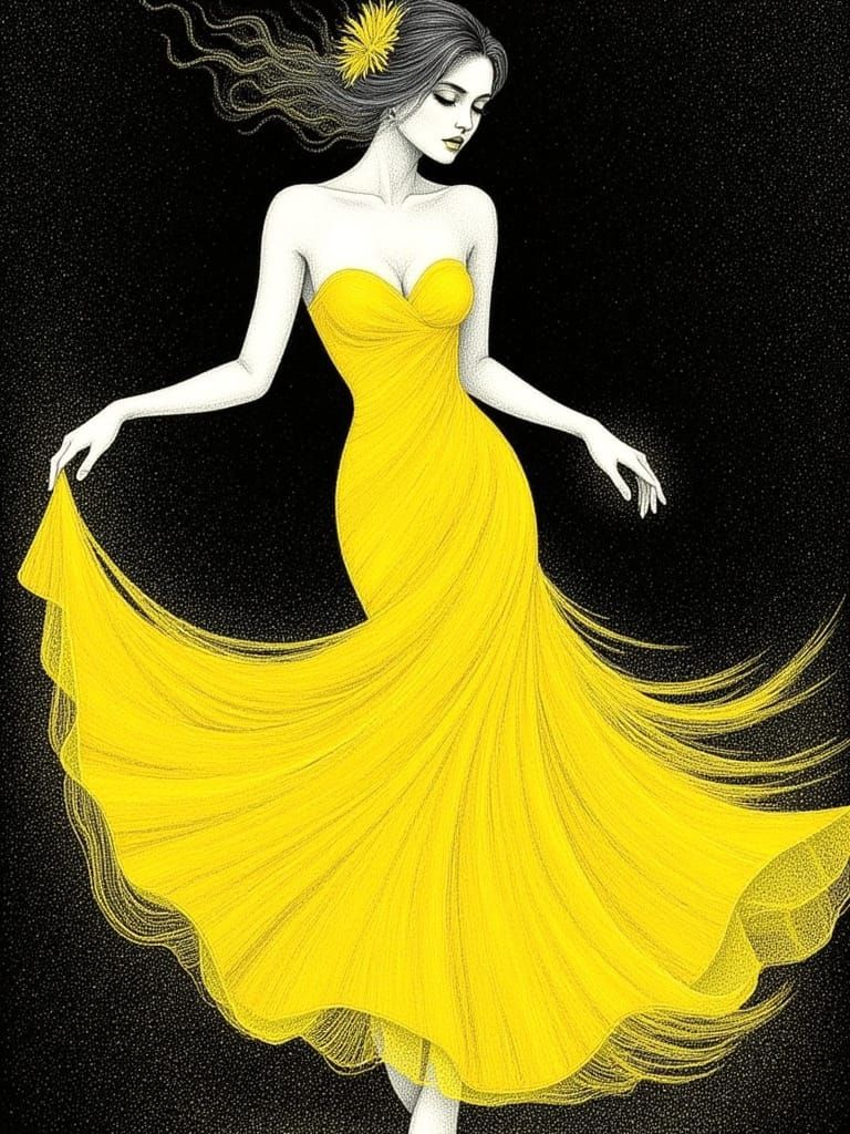 Ethereal Dancer in Yellow Dress with Delicate Linework
