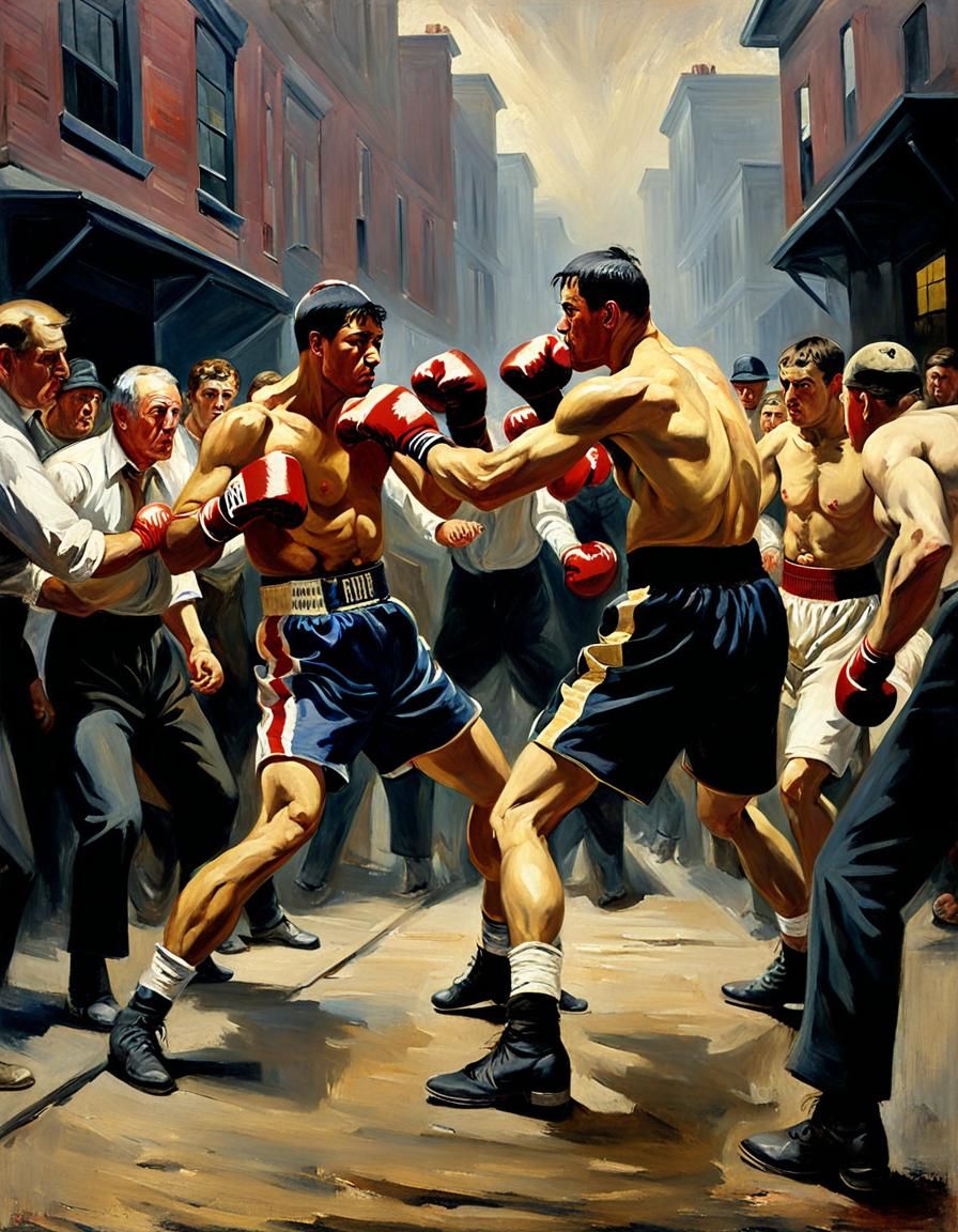 Gritty Street Boxing Oil Painting in Chiaroscuro Lighting