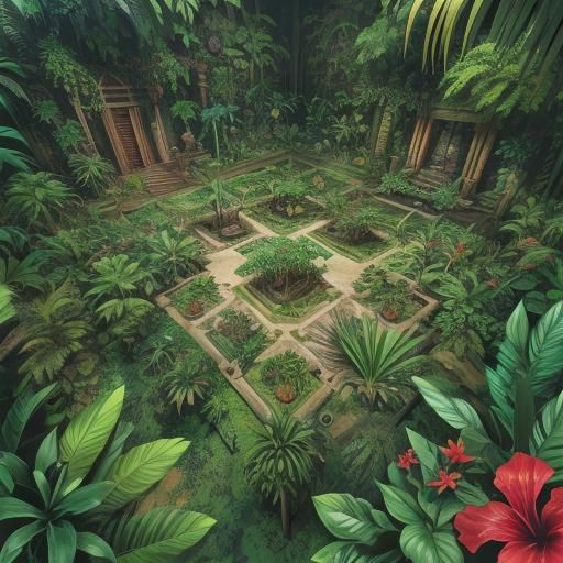 Aerial 8-bit view of a dungeon floor with endless tropical greenery. Hibiscus, sago palms, bromeliads, and small animals...