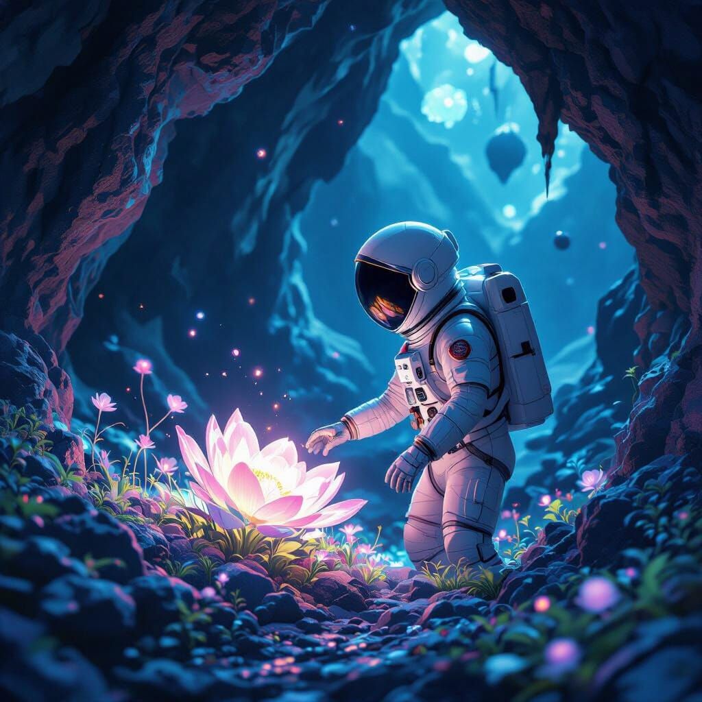 Astronaut in Bioluminescent Alien Garden