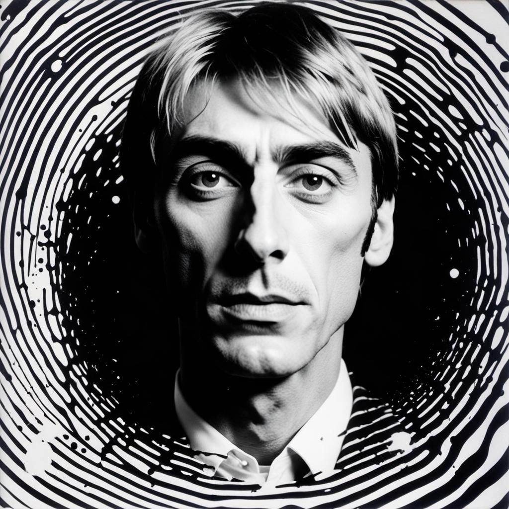 A black and white photo of man; (Young Paul Weller, as a young man 1.4) :: surrounded by an ink splash vortex :: an alb...