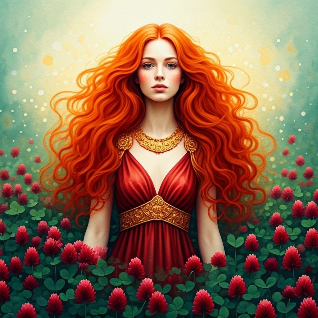 Red-Haired Woman in Clover Field, Surreal Impressionism