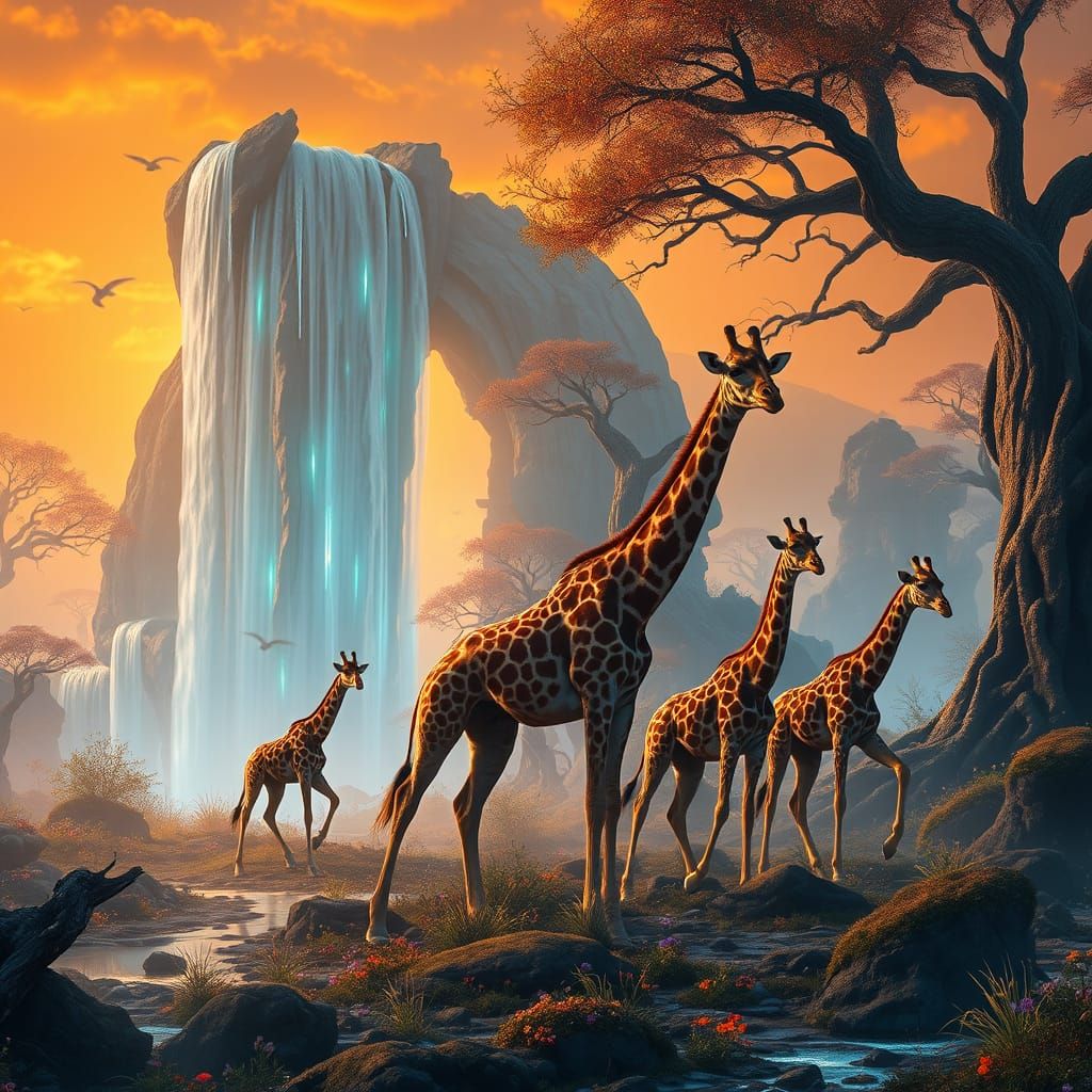 Majestic Giraffes in Dreamlike Realms of Iridescent Wonder