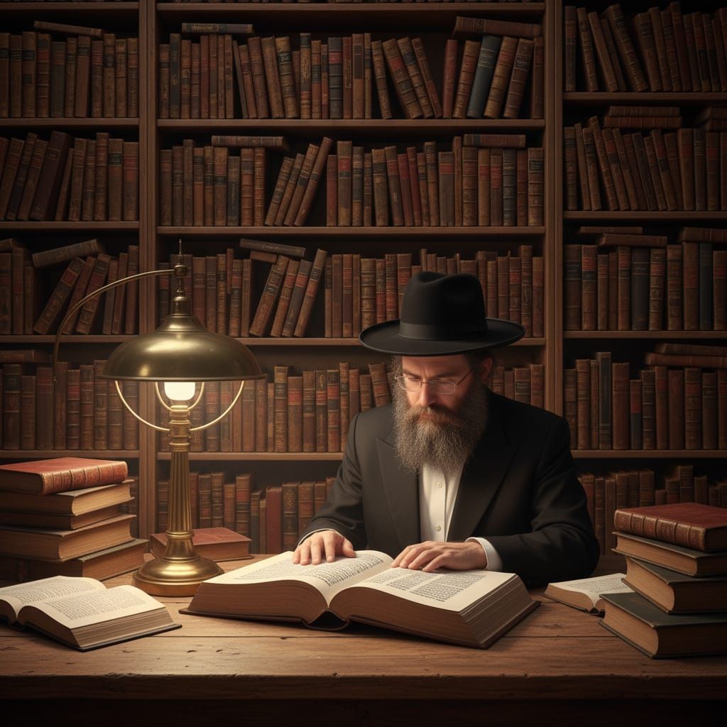Orthodox Jewish Man Studying in Book-Filled Room
