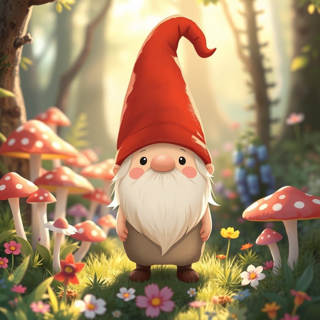 Whimsical Kawaii Gnome in Vibrant Forest