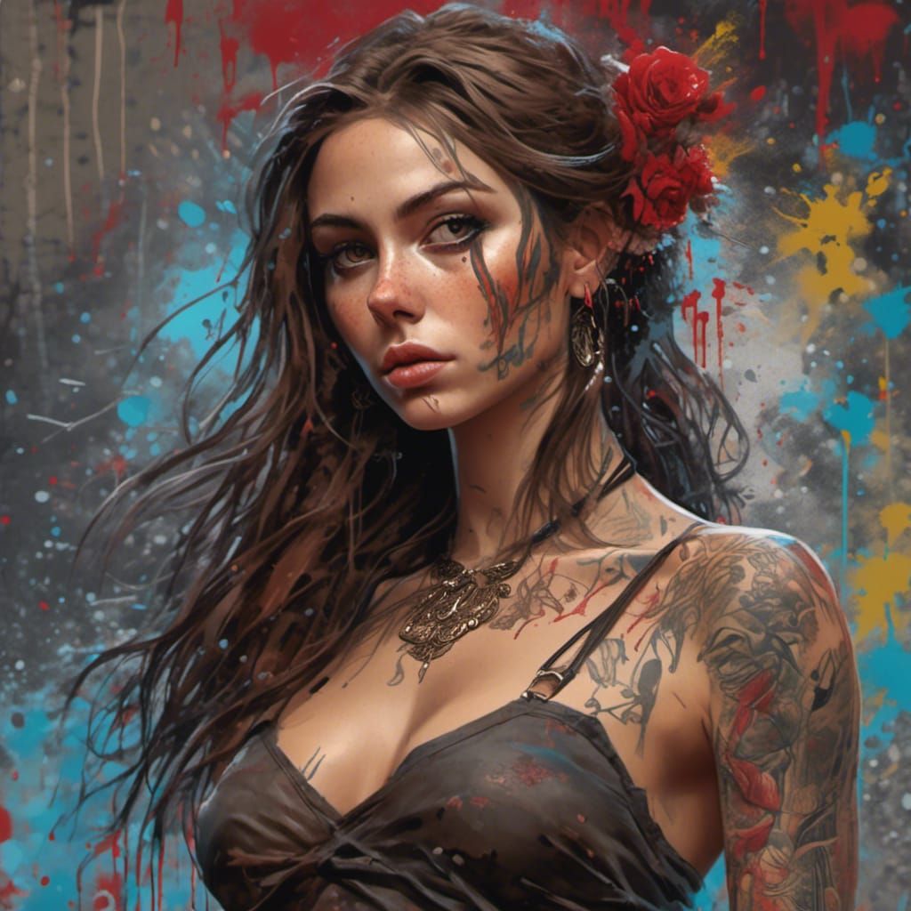 Tattooed Waitress in Splatter Graffiti Style