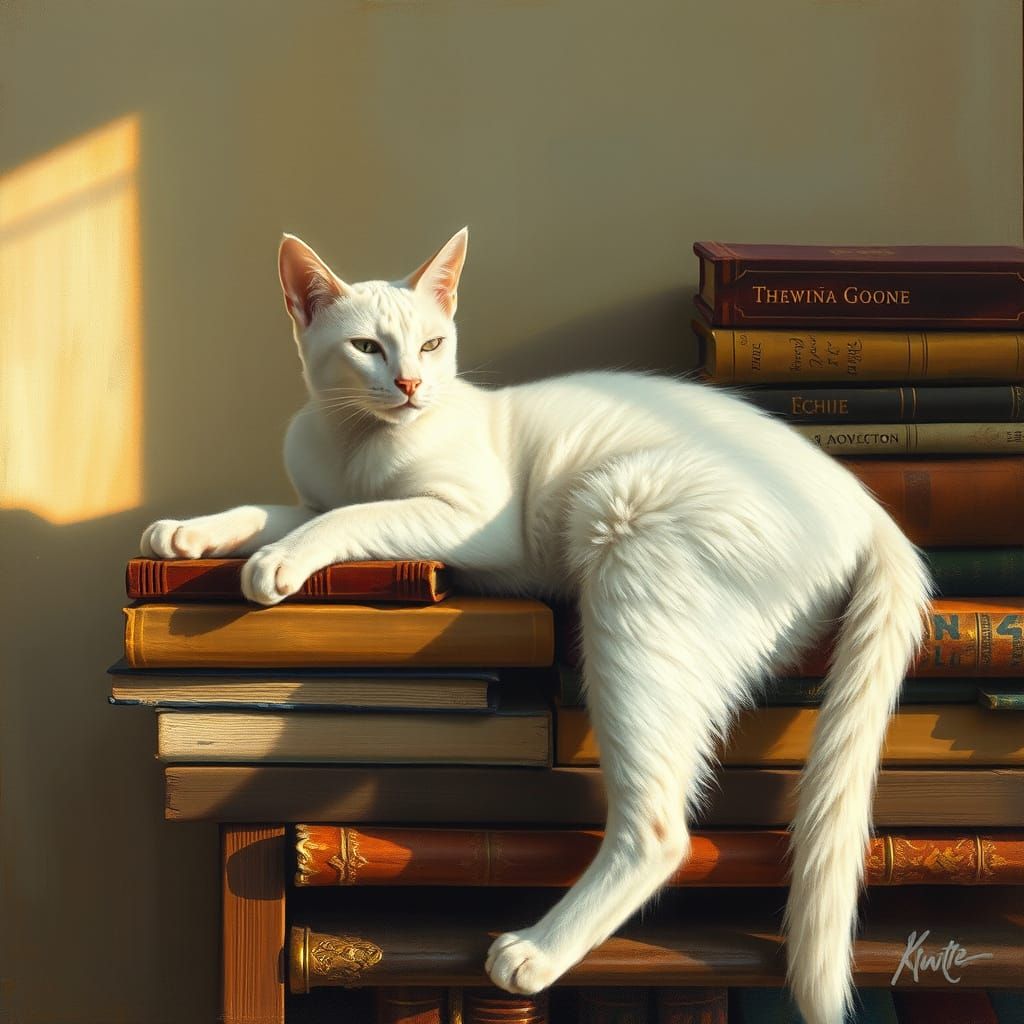 Elegant White Cat Basks on Weathered Bookshelf