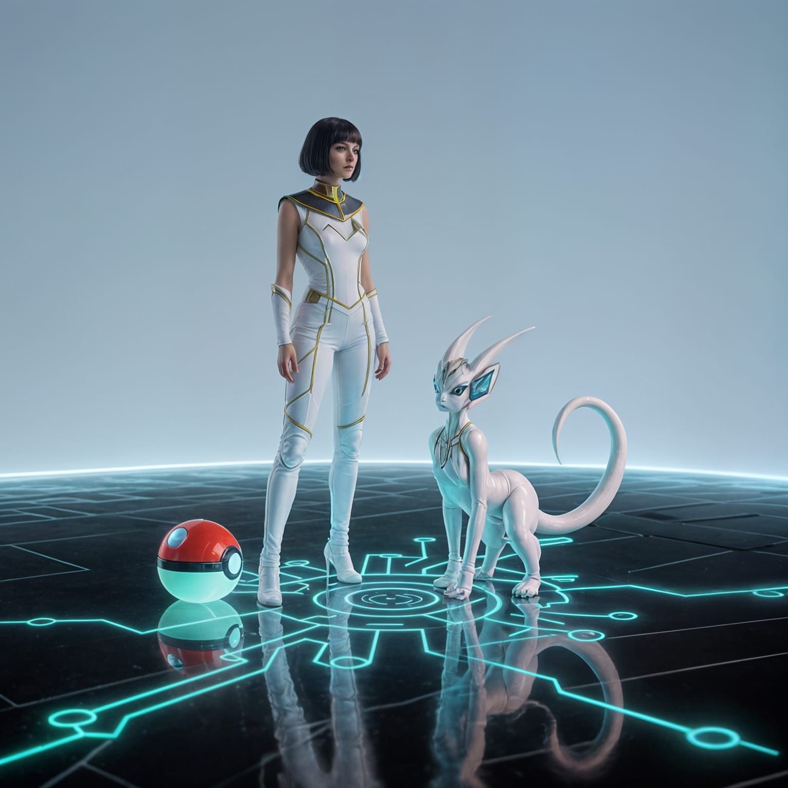 Sci-Fi Witch and Pokémon in Ethereal Glow