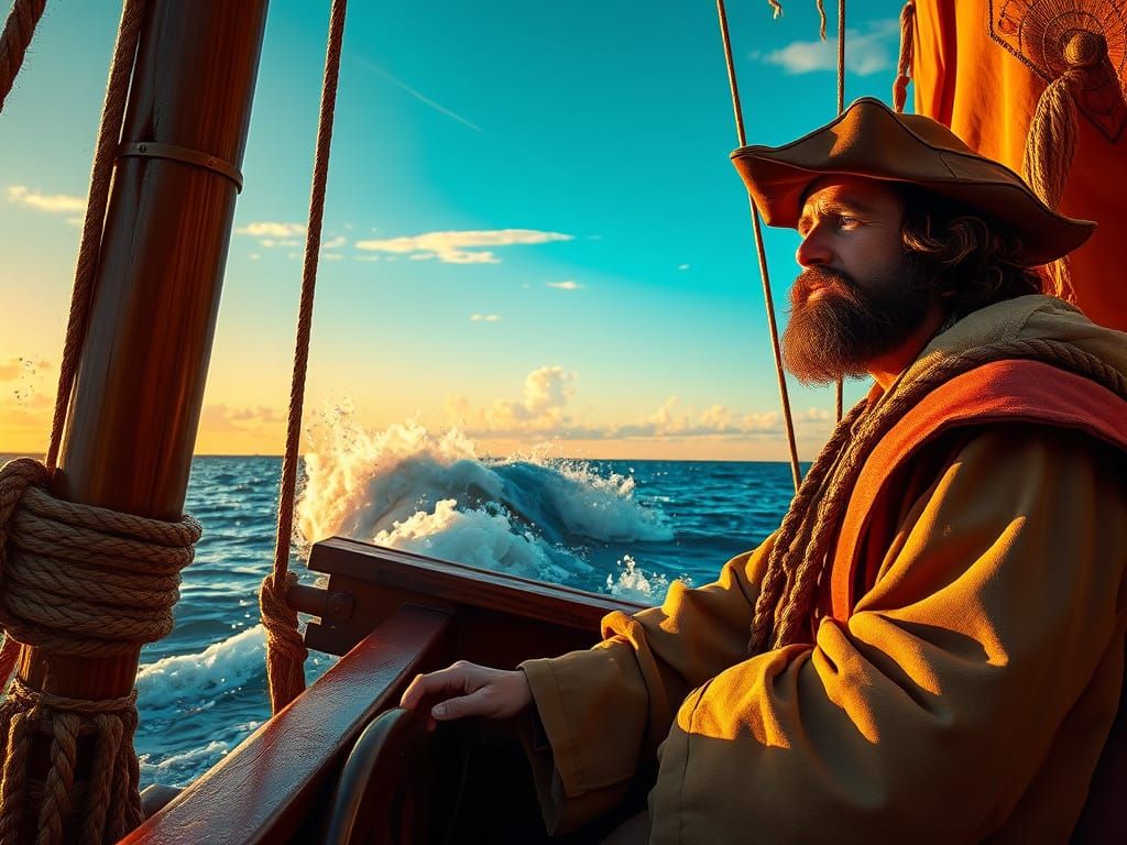 Columbus Navigates Atlantic: Hyperrealistic Concept Art