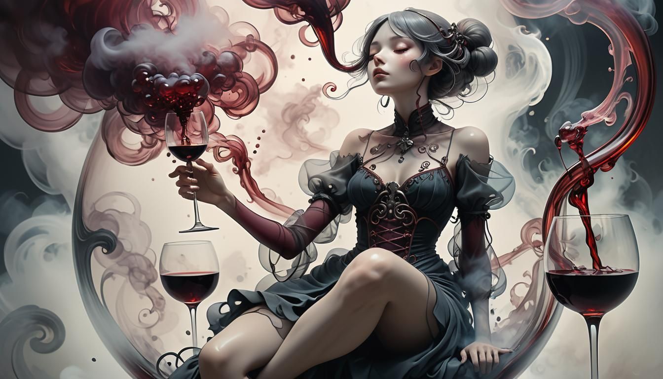 Ethereal Wine Woman in Anime Art Nouveau Style