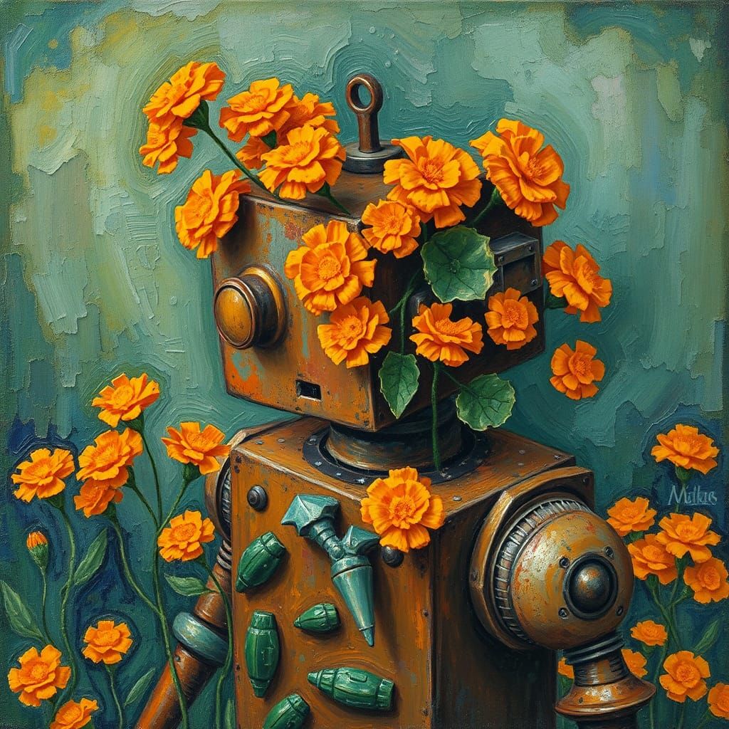 Marigolds Decorating Robot Gardener: Oil Gouache, Flowing Co...
