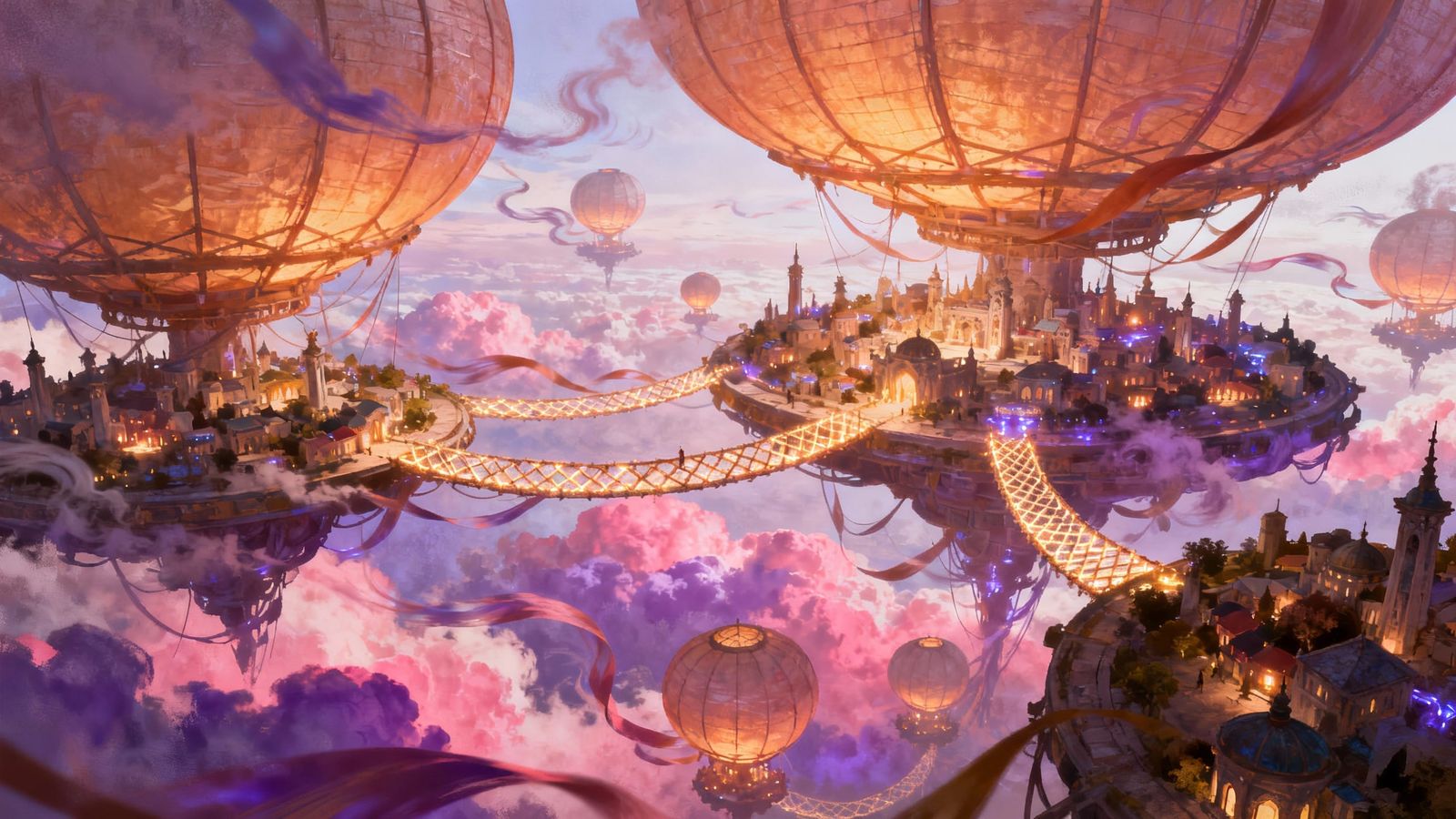City Suspended From Giant Floating Lanterns in High Fantasy ...