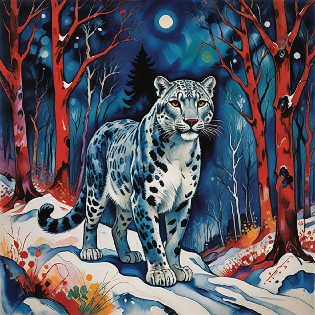 Expressive Lythe Snow Leopard in Dark Woodland Scene
