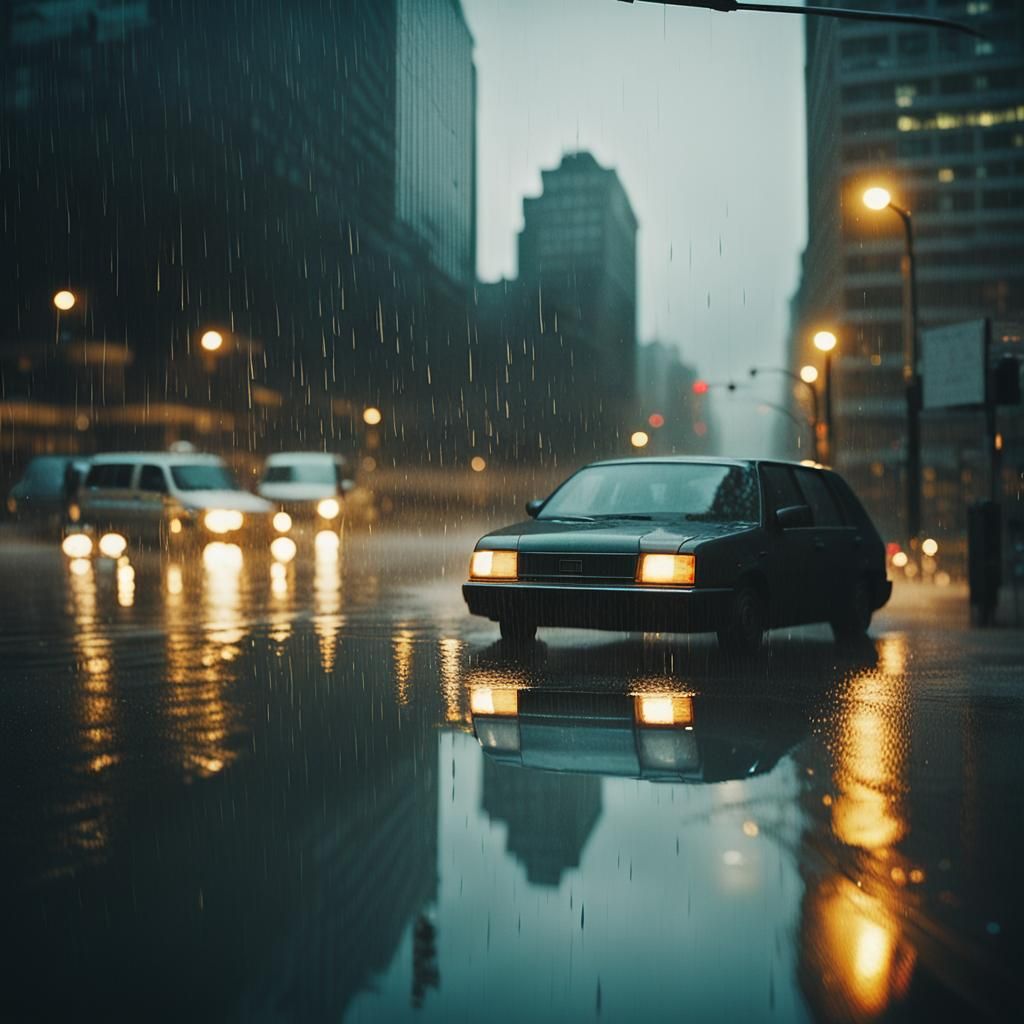 Rainy Cityscape Through Car Window in Cinematic Style