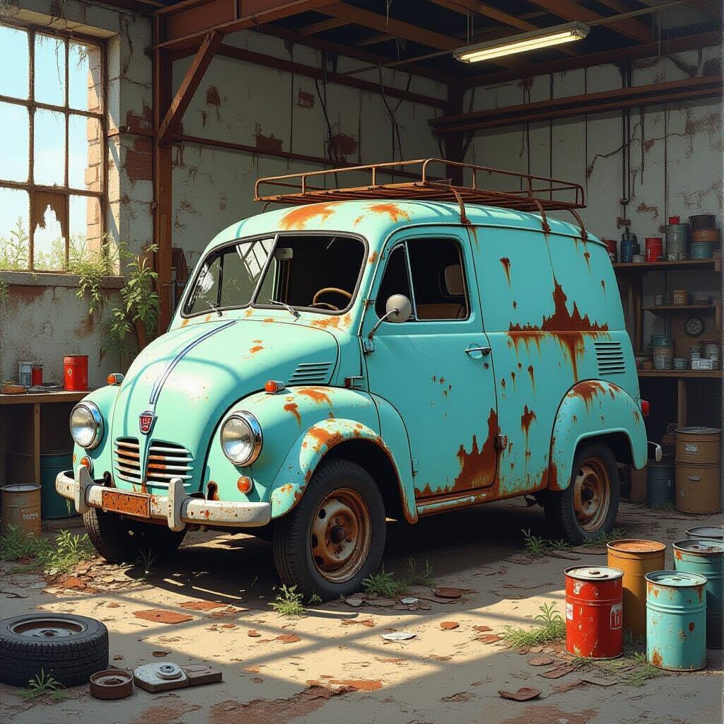 Rusting Blue Fiat Van in Derelict Workshop Oil Painting