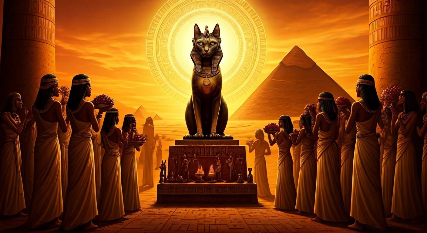 Egyptian Cat Goddess Bastet Receives Offerings