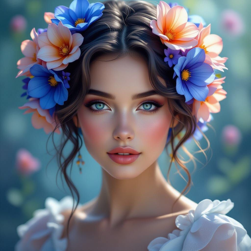 a beautiful lady with vivid, translucent flowers and flowing petals in shades of blue, orange, and purple in her hair. E...