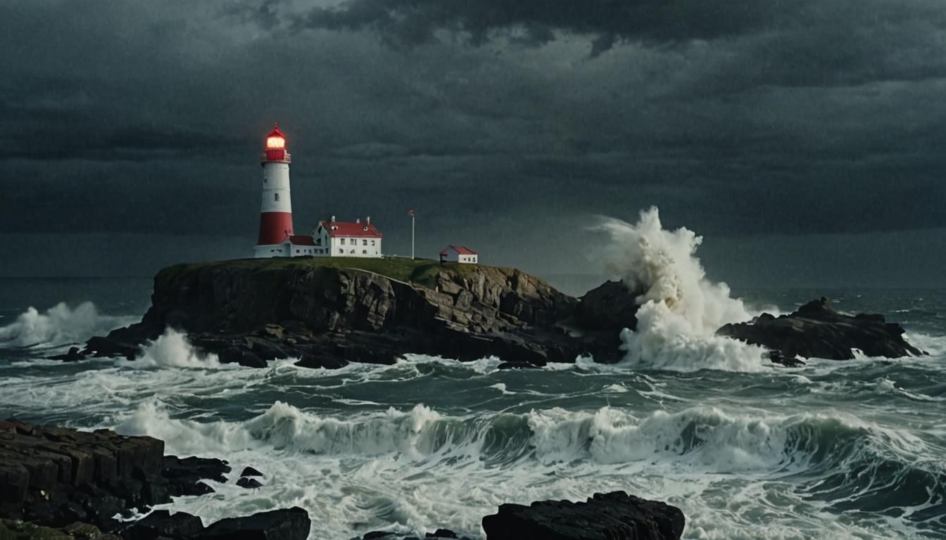 Lighthouse in Stormy Seas: A Cinematic Film Still
