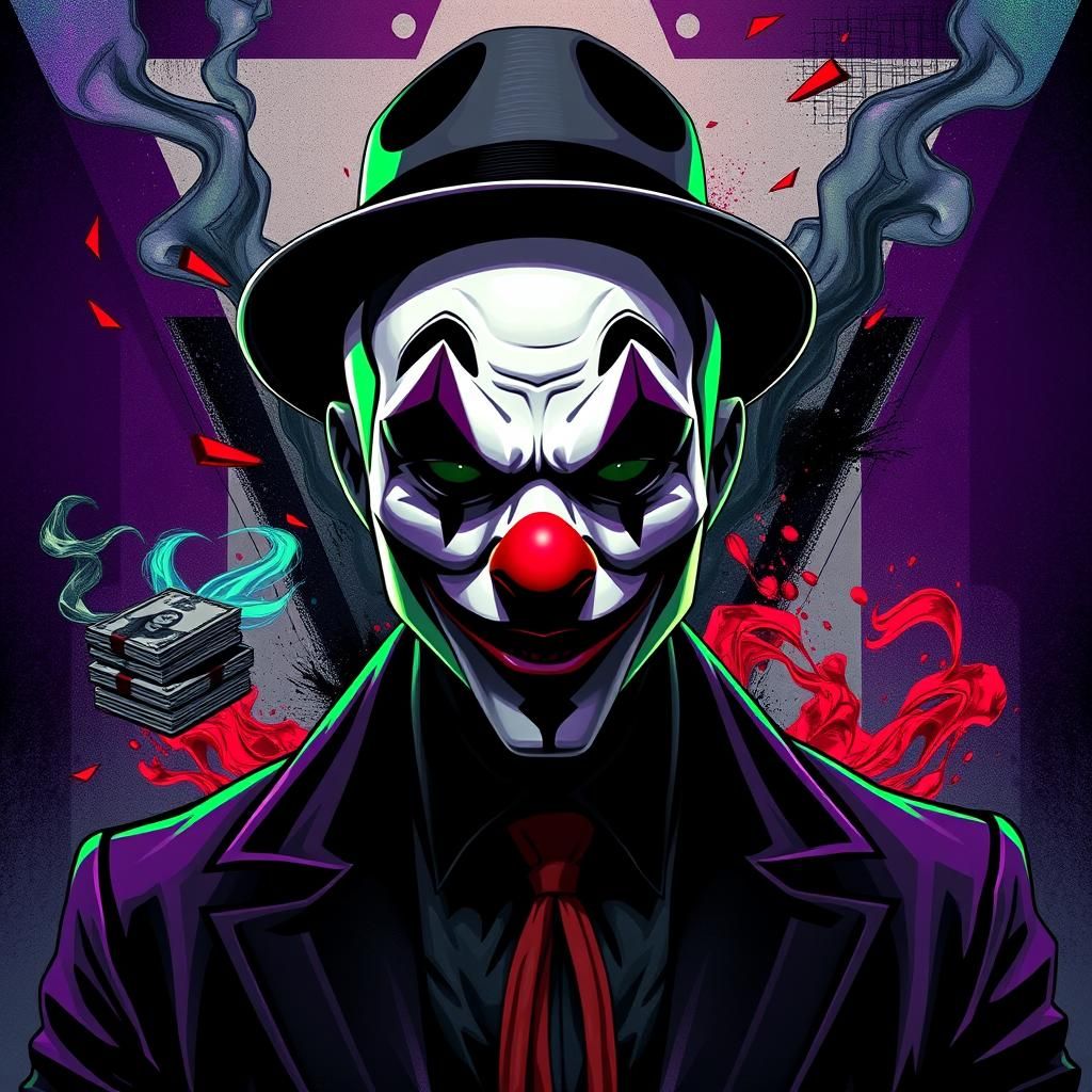 Cyberpunk Clown Portrait with Abstract Underworld Symbols