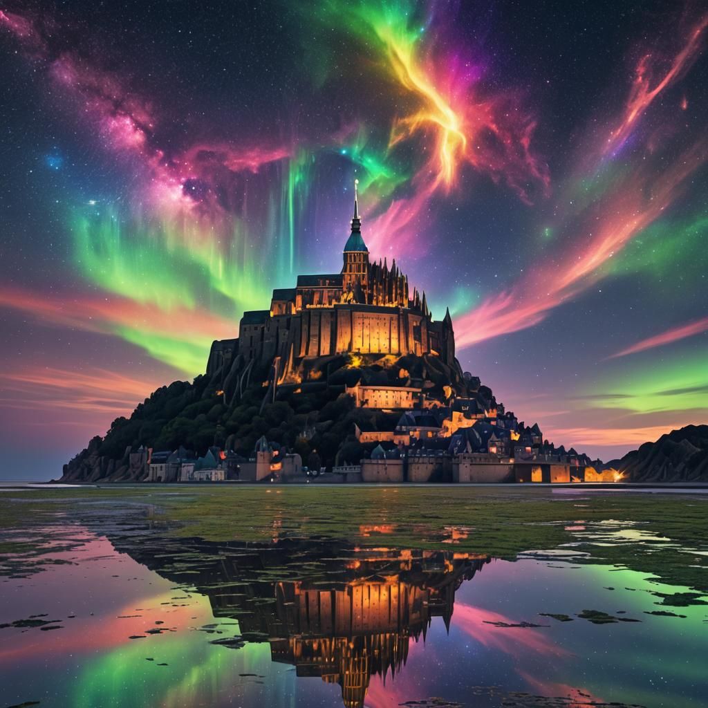 Aurora Borealis Over Mont Saint Michel Digital Illustration
