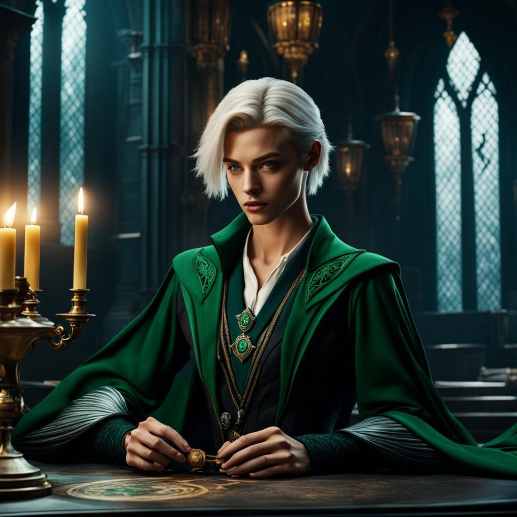 Female Slytherin Student Casting Spell: Detailed Fantasy Art