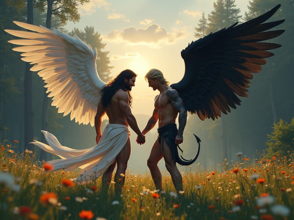 Angel and Devil Holding Hands in Meadow, Fantasy Art