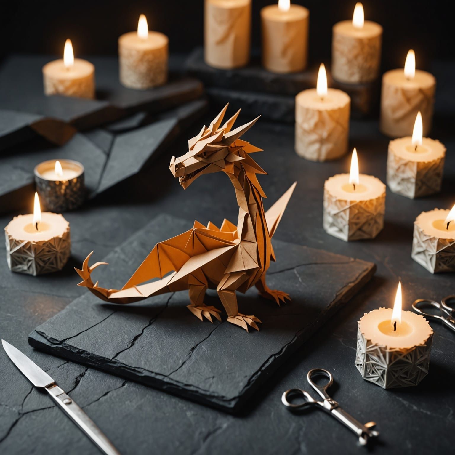 Origami Dragon with Scissors and Candles