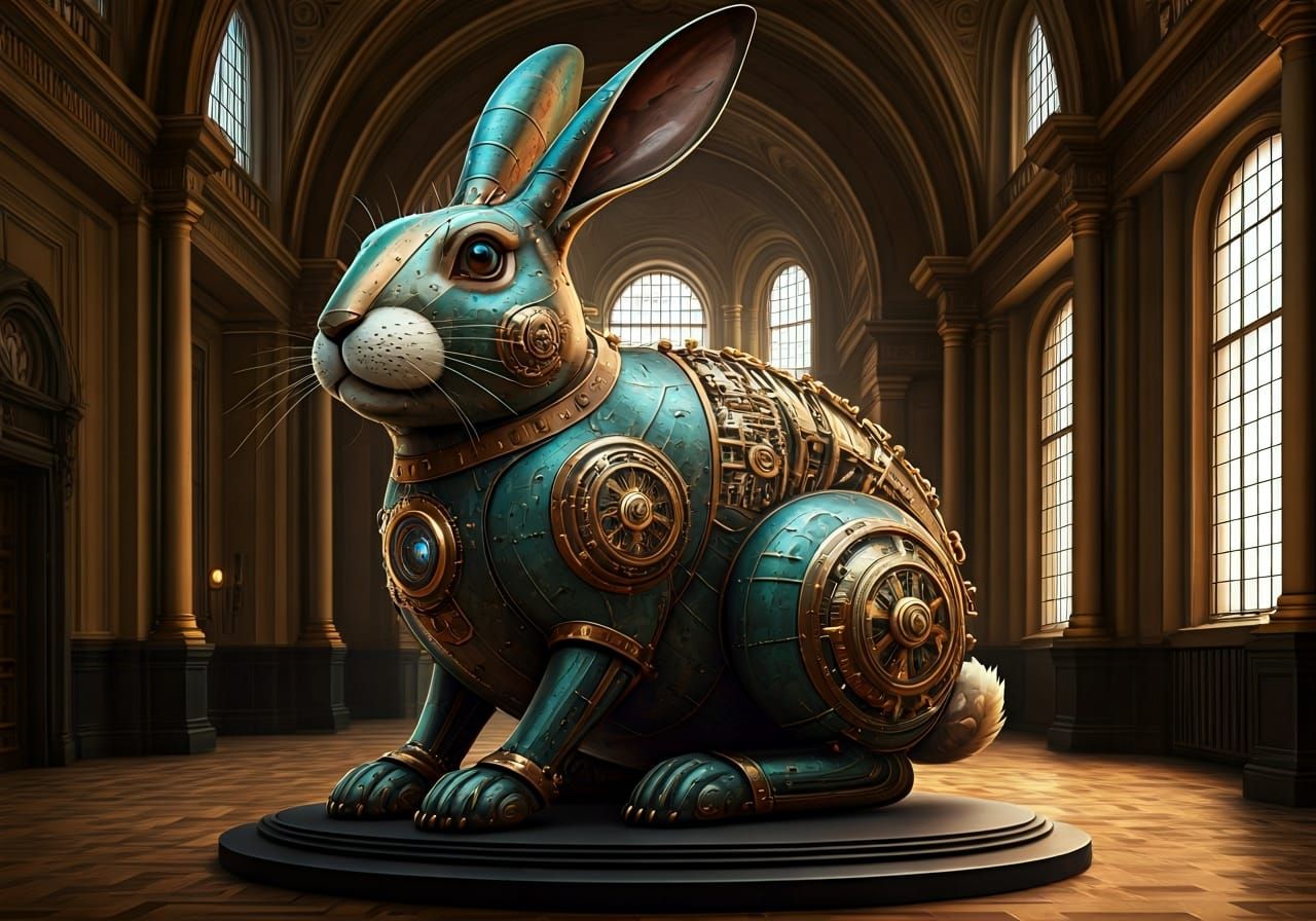Steampunk Rabbit Sculpture in Museum