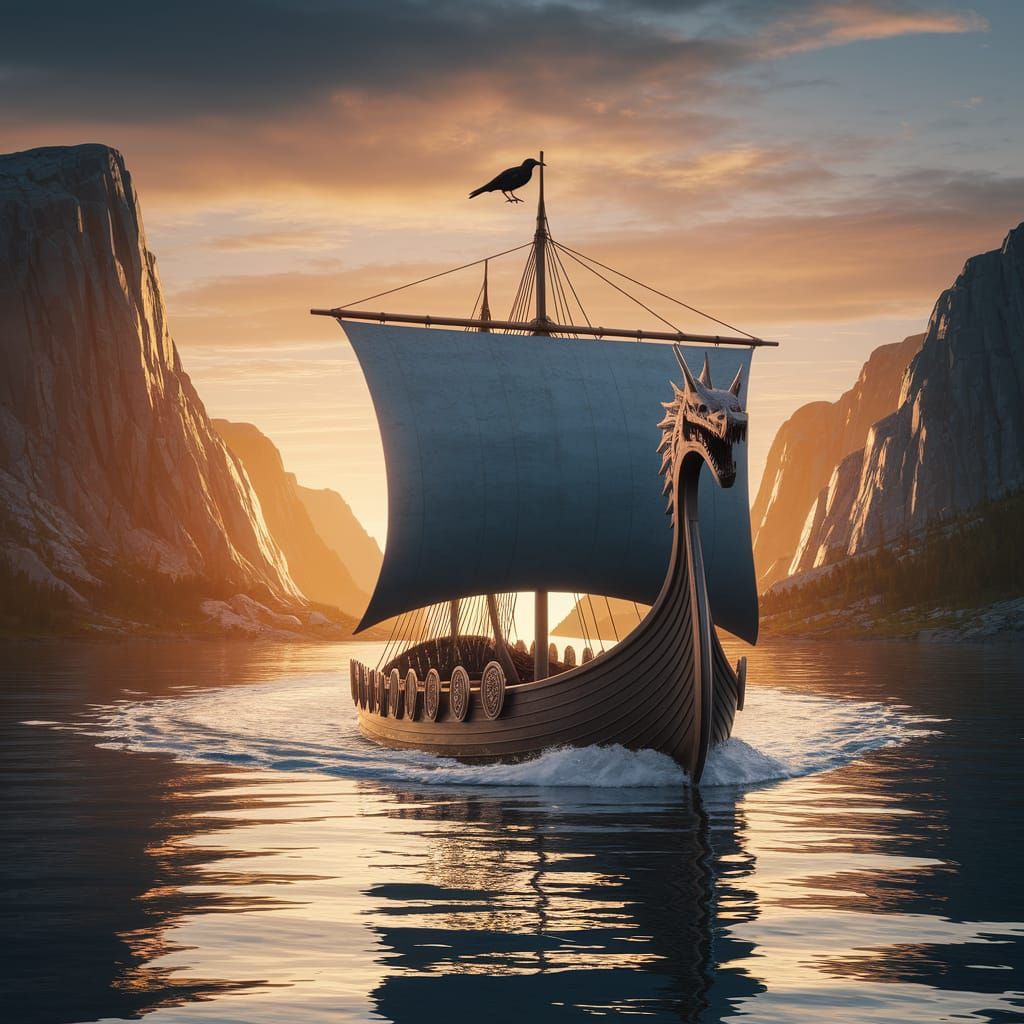 Viking Longship Sails Fjord at Sunset