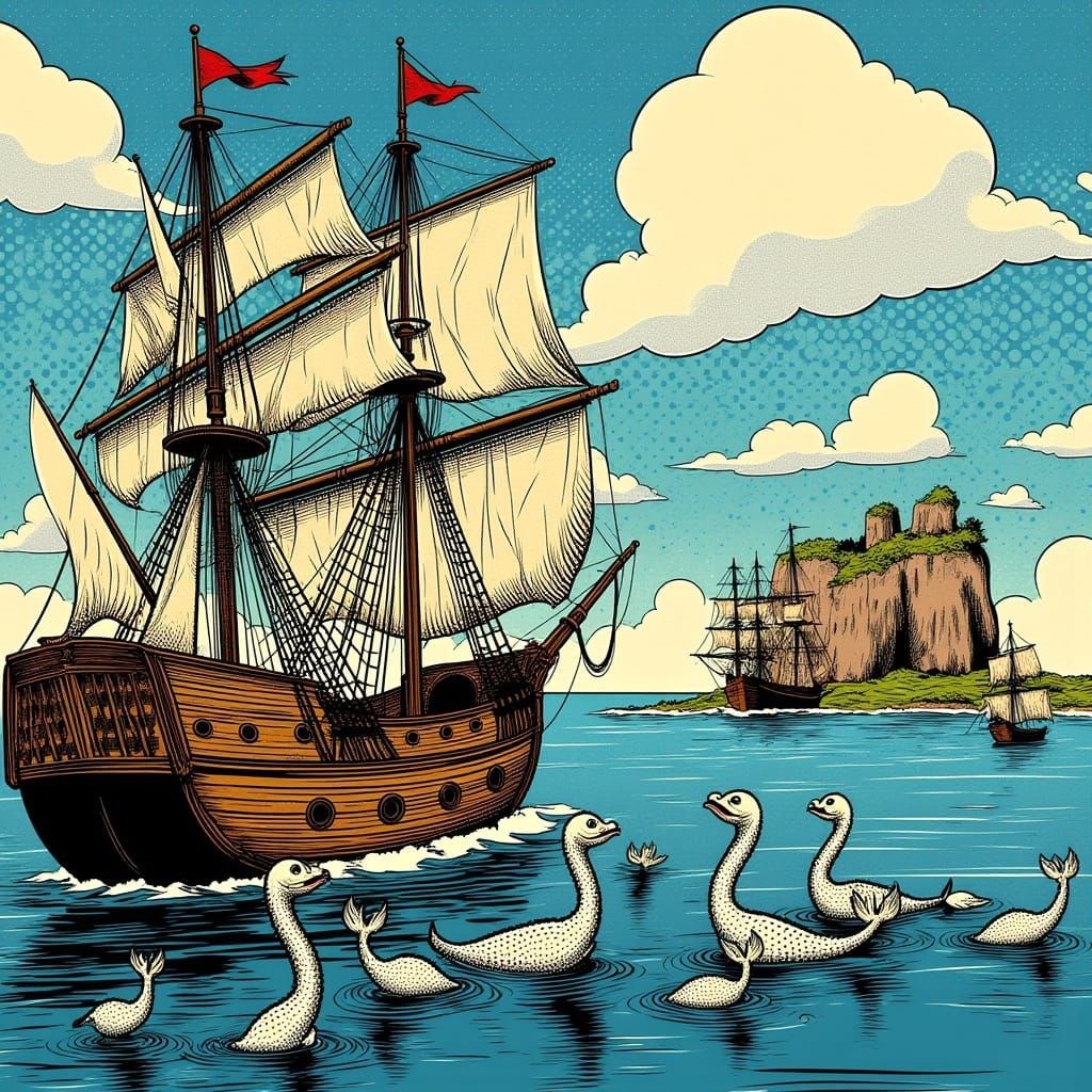 Explorer's Crew Approaching Siren Island in 1950s Comic Styl...