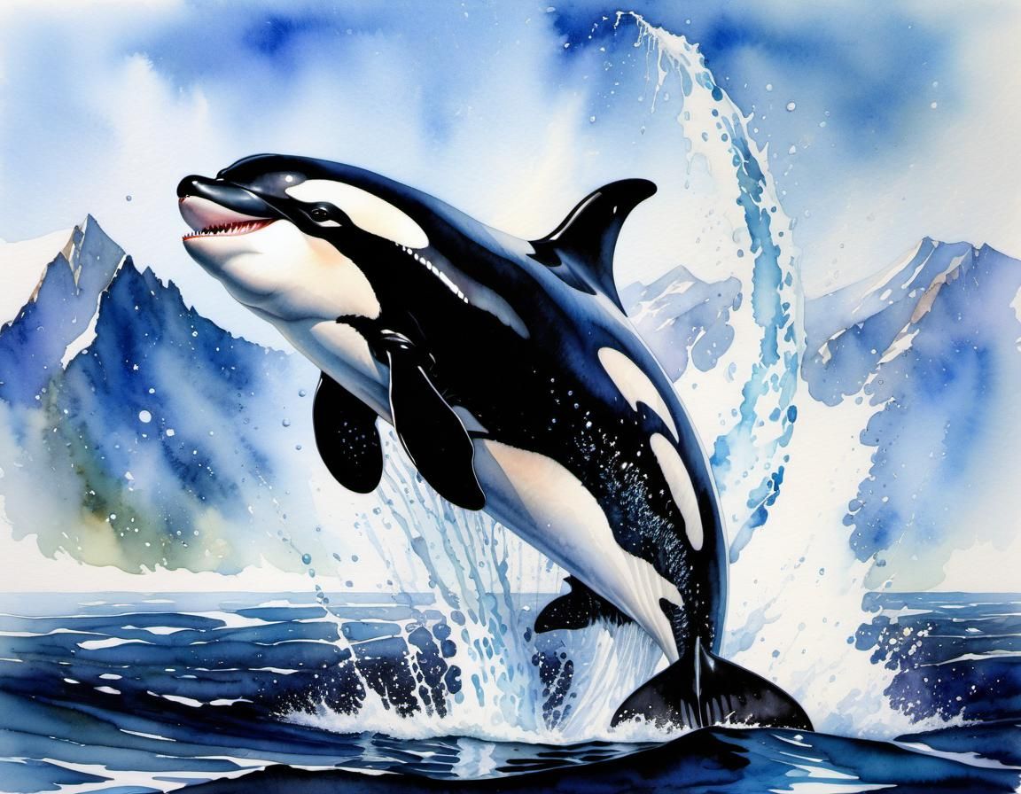 Orca Leaps from Ocean: Watercolor Rendering