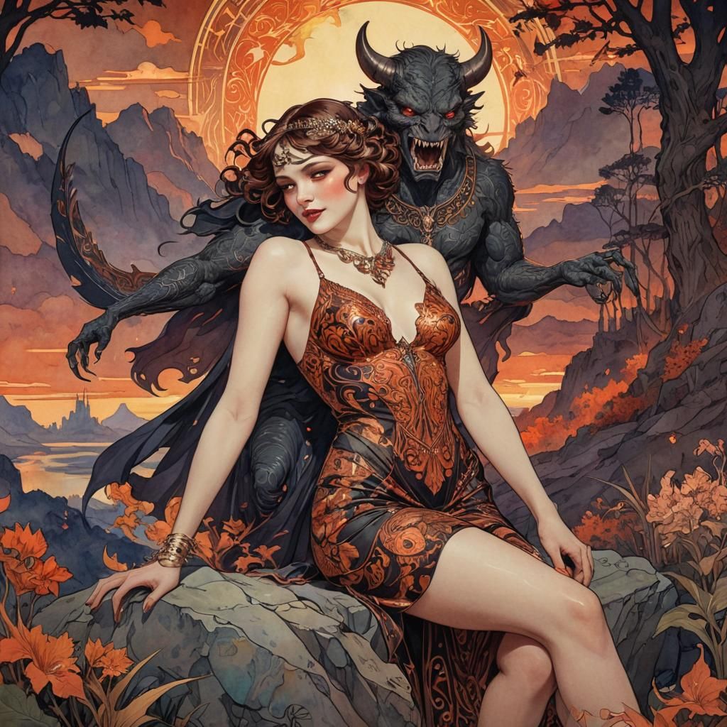 Seductive Demon in Hellish Art Deco Landscape