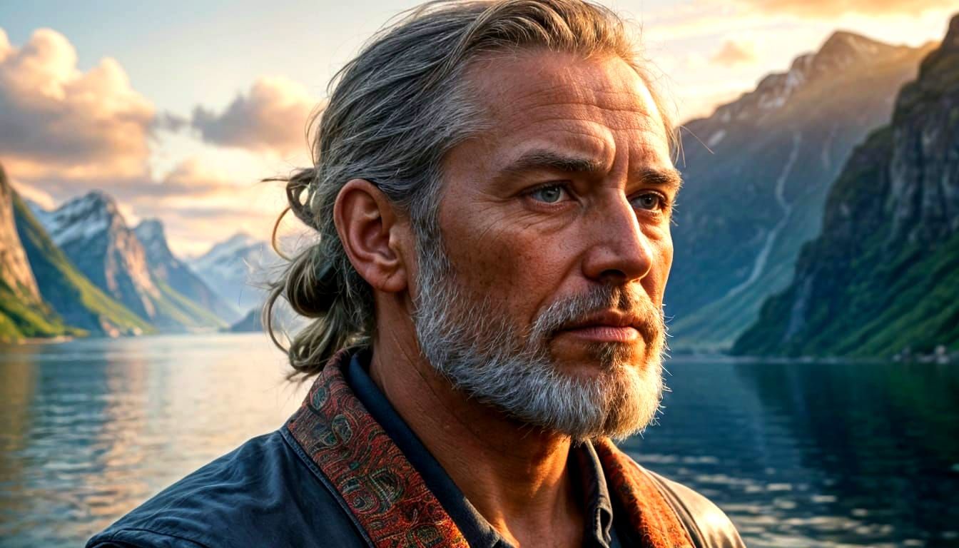 Serene Man with White Beard and Fjord Backdrop