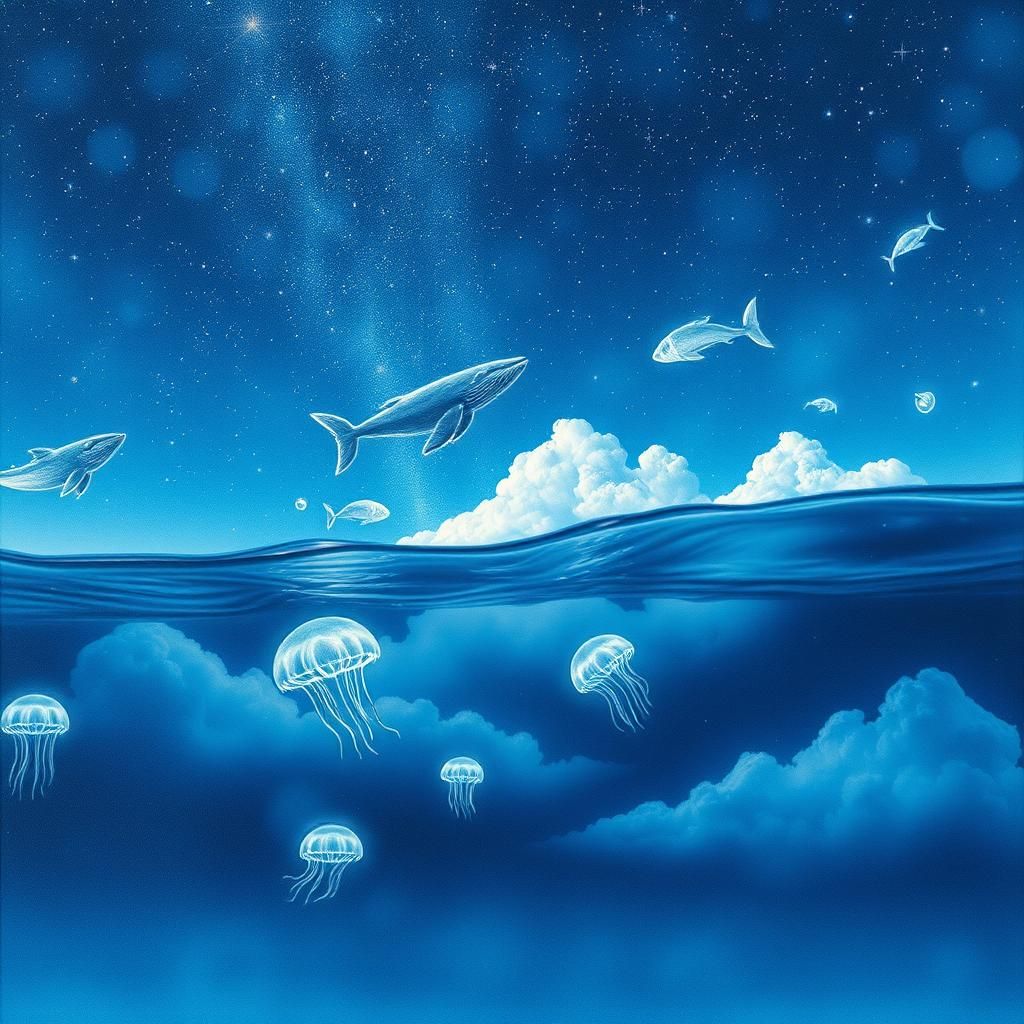 Surreal Ocean Sky Double Exposure: Dreamlike Alcohol Ink