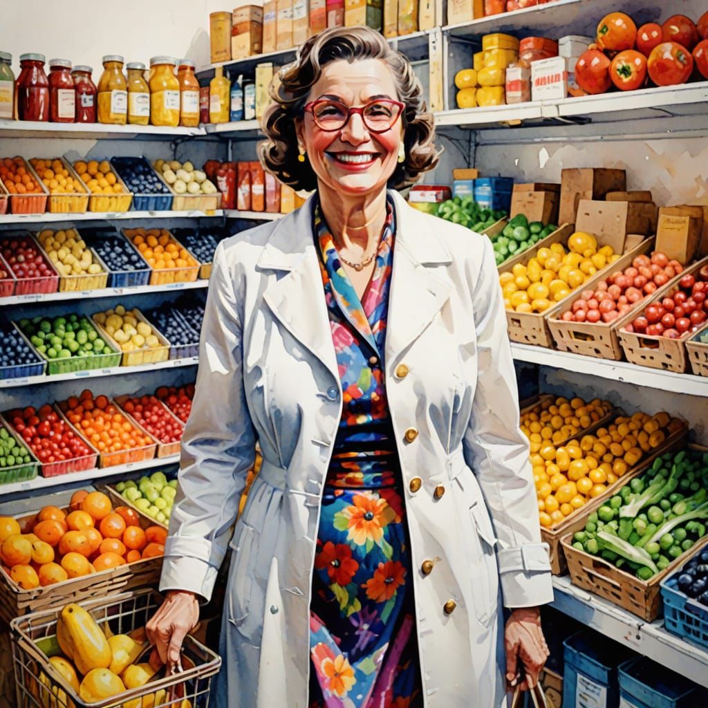 French Grocery Owner in Impressionist Watercolor Style