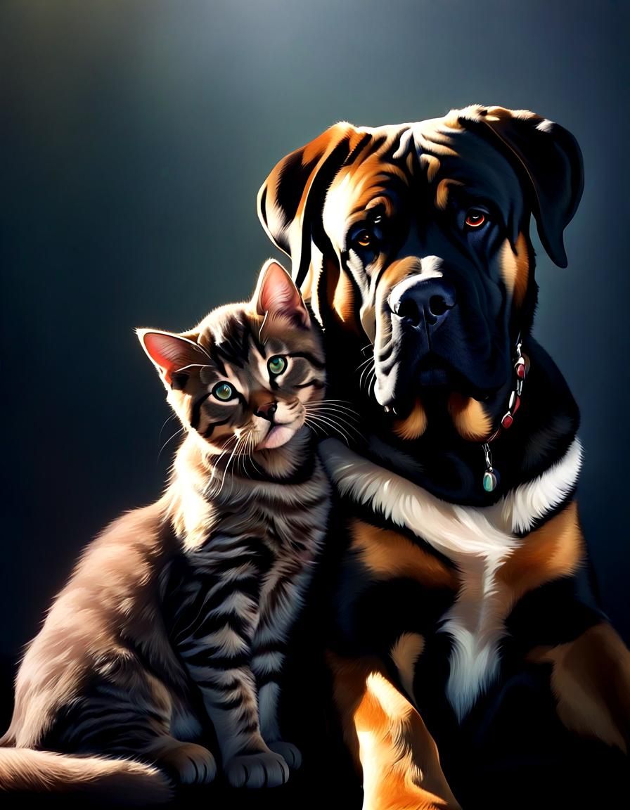 Mastiff and Kitten Cuddling in Cyberpunk Style