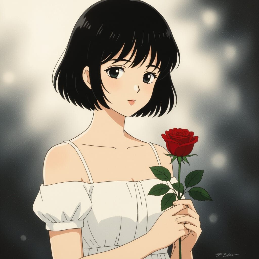 Anime Girl with Rose in Vintage Black and White Style