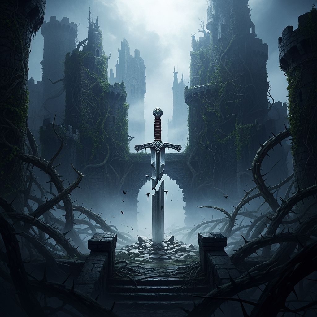 Broken Sword in Ruined Castle: Atmospheric Fantasy Scene