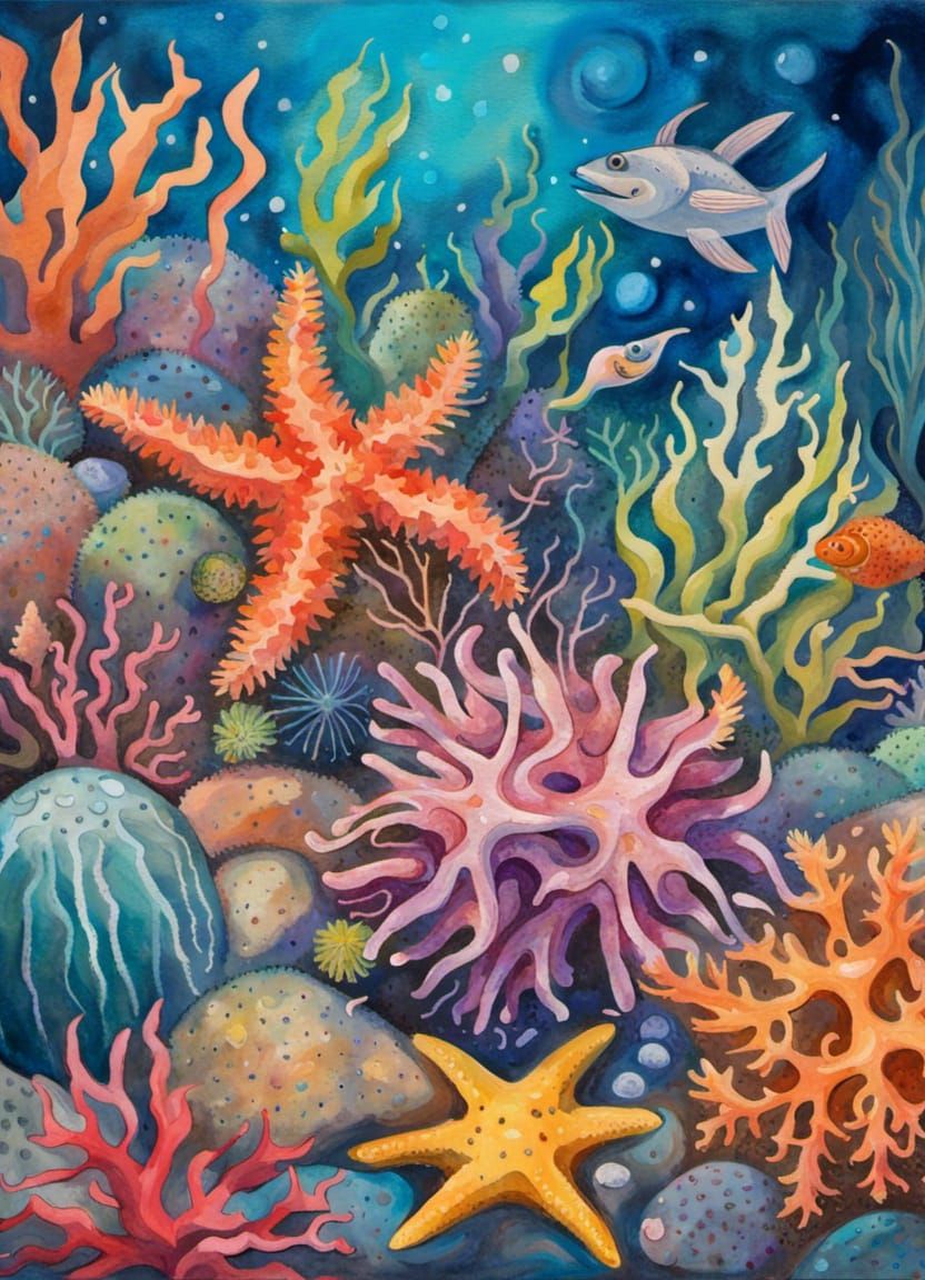 Colorful Underwater Scene in Gouache Style