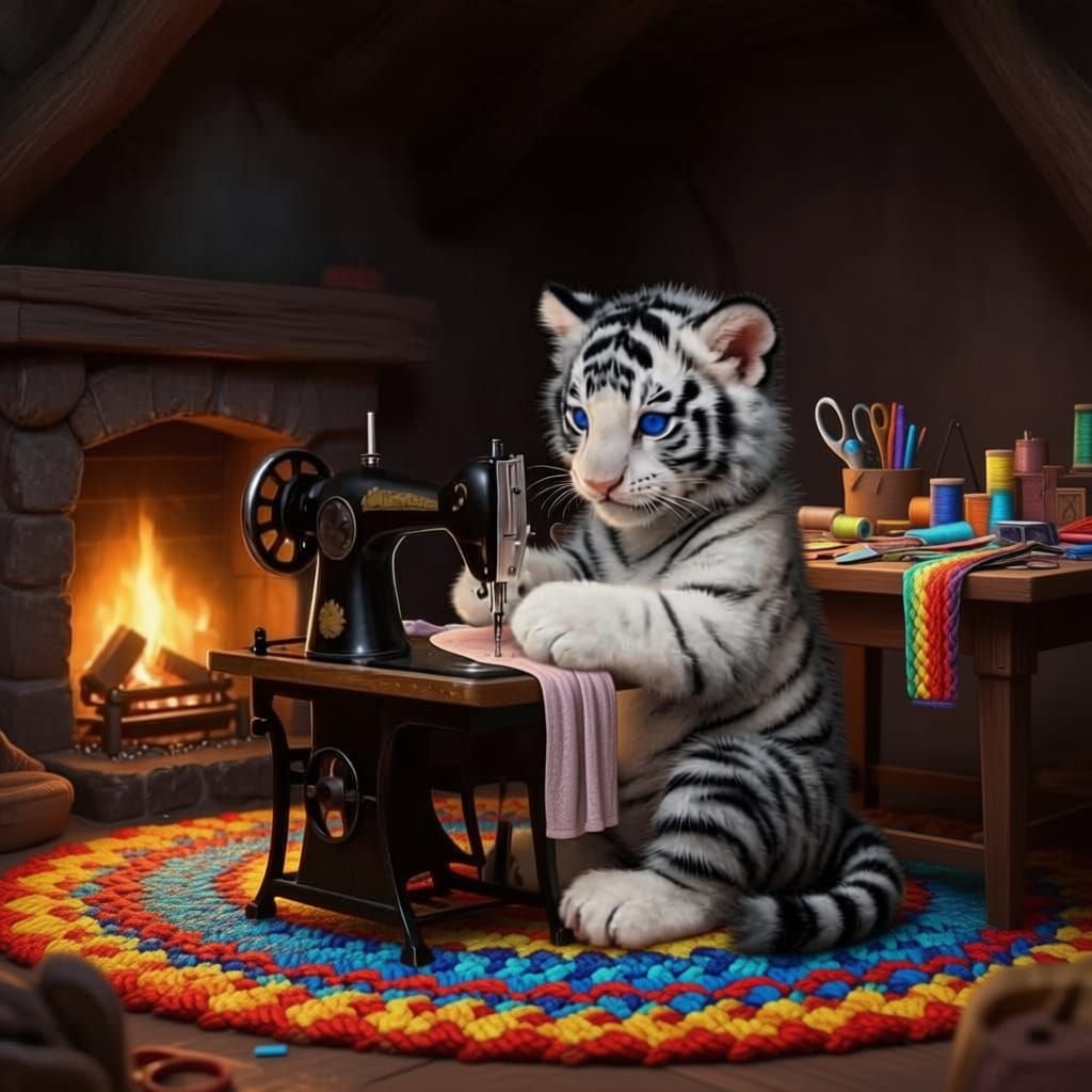 White Tiger Cub Sewing Curtains in Cozy Lair