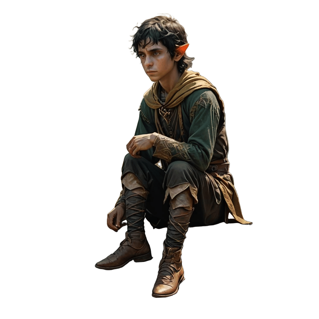 a young black haired male elf child with tattered clothing and signs of heat exhaustion