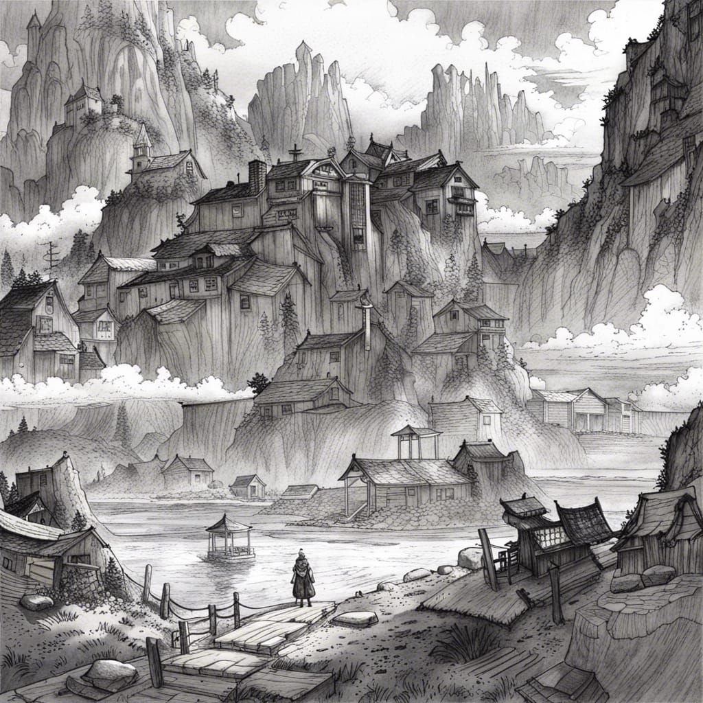 Monochrome Landscape in Ink Drawing Style