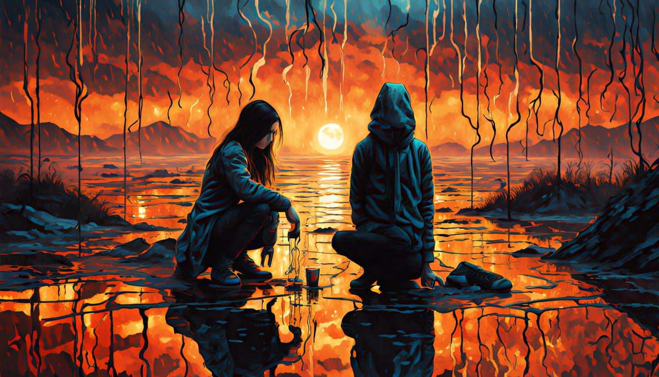 Surreal Sunset Scene with Woman and Cracked Heart, Ethereal ...