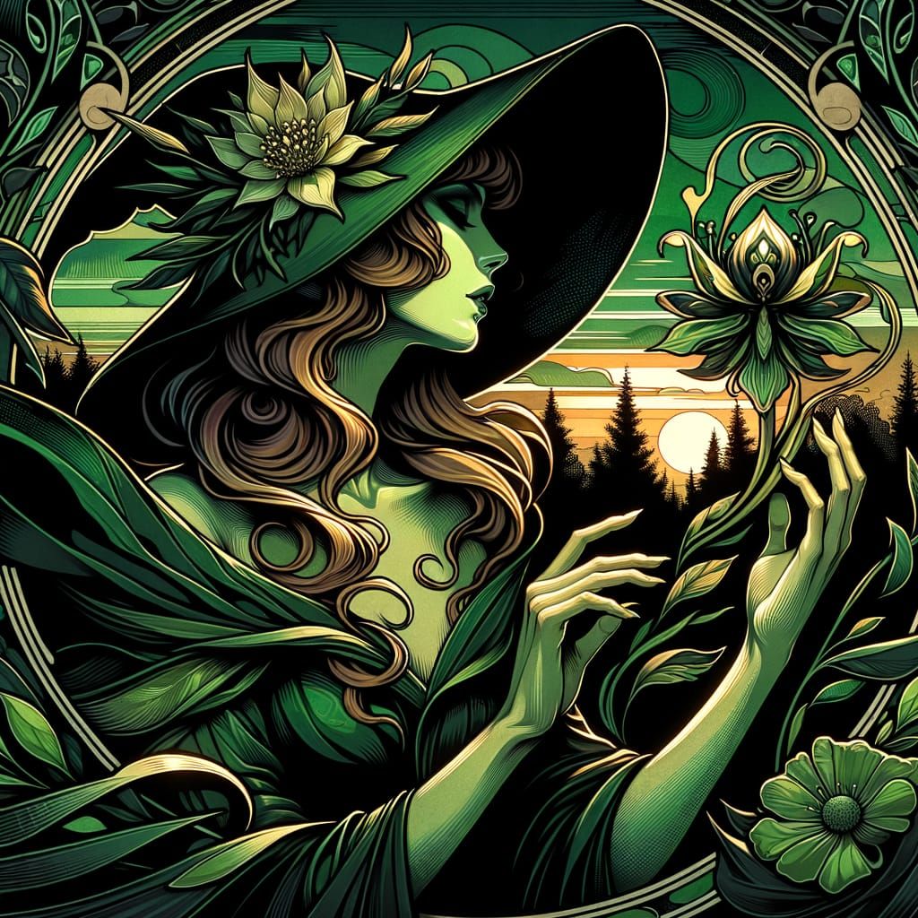 Art Nouveau Wizardess at Sunset