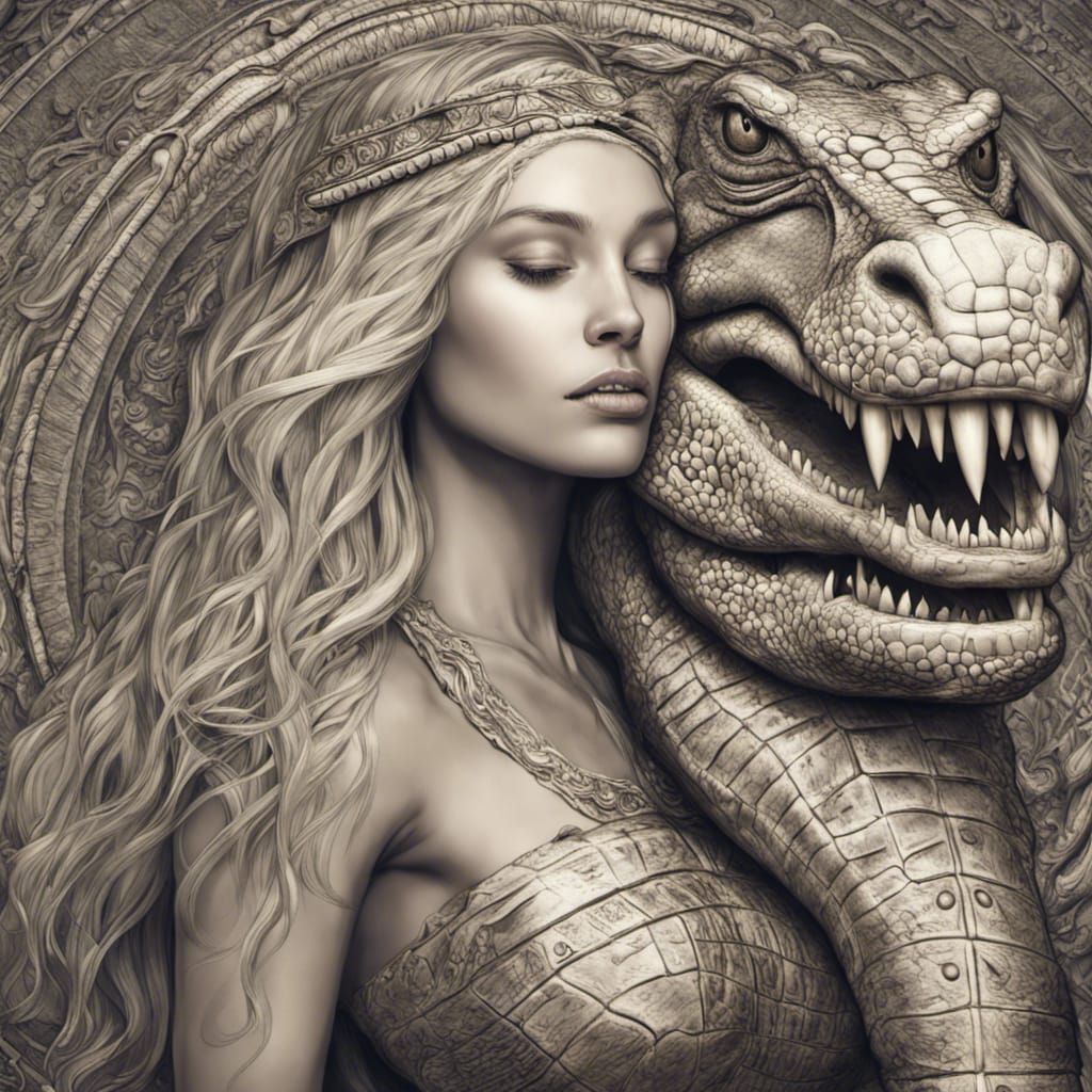 Sobek Carries Sleeping Woman: Hyperrealistic Egyptian God