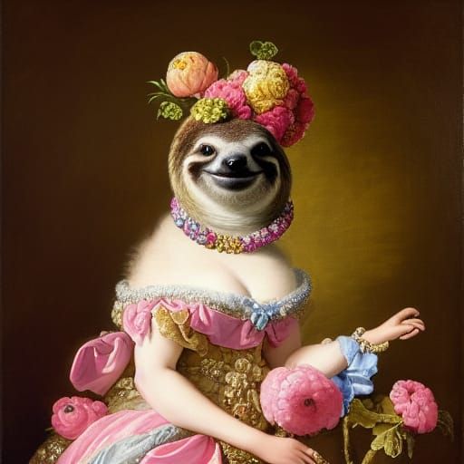 Rococo Pet Portrait of a Sloth in Gown