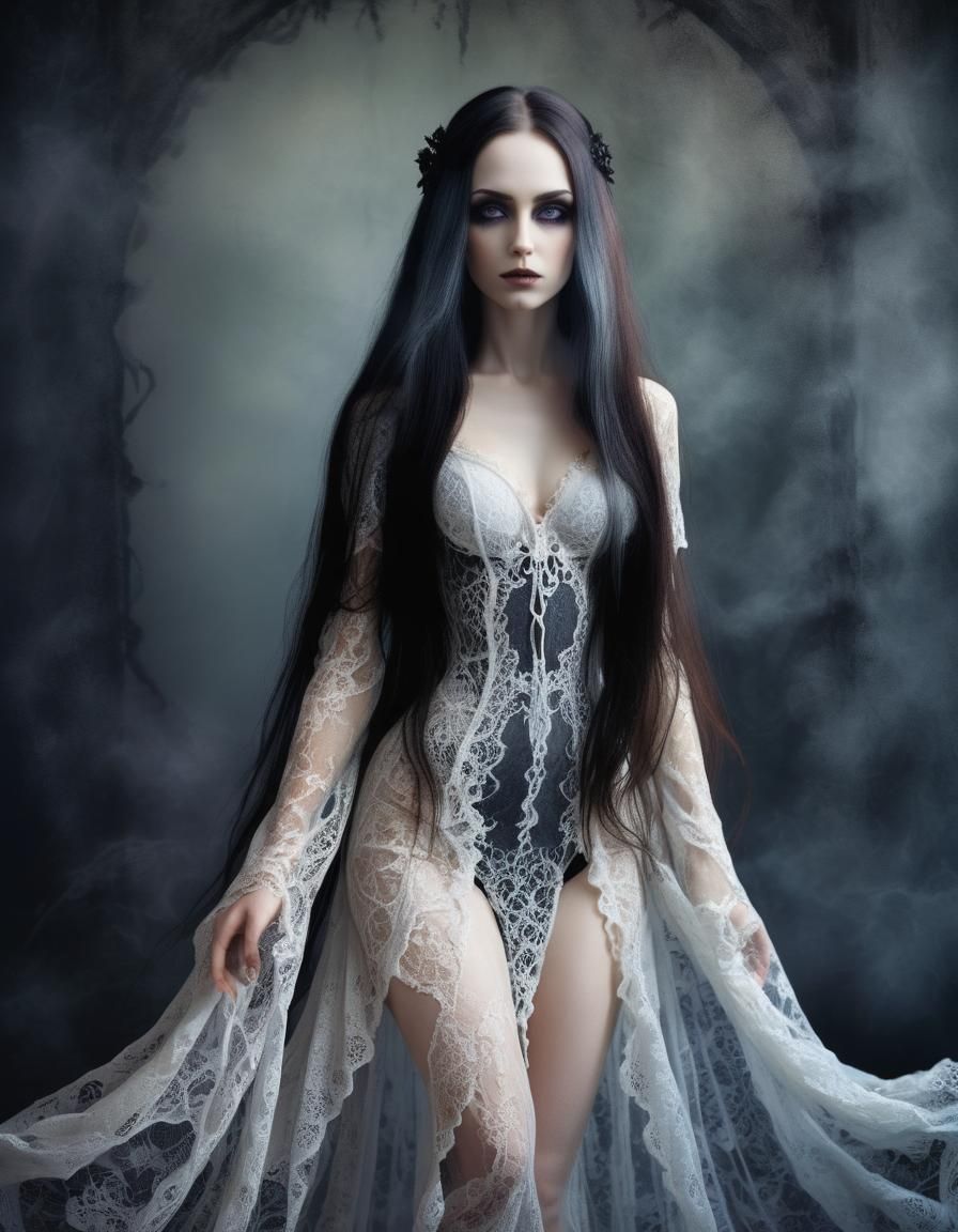 Gothic woman made of lace  , full image , breathtaking, perf...