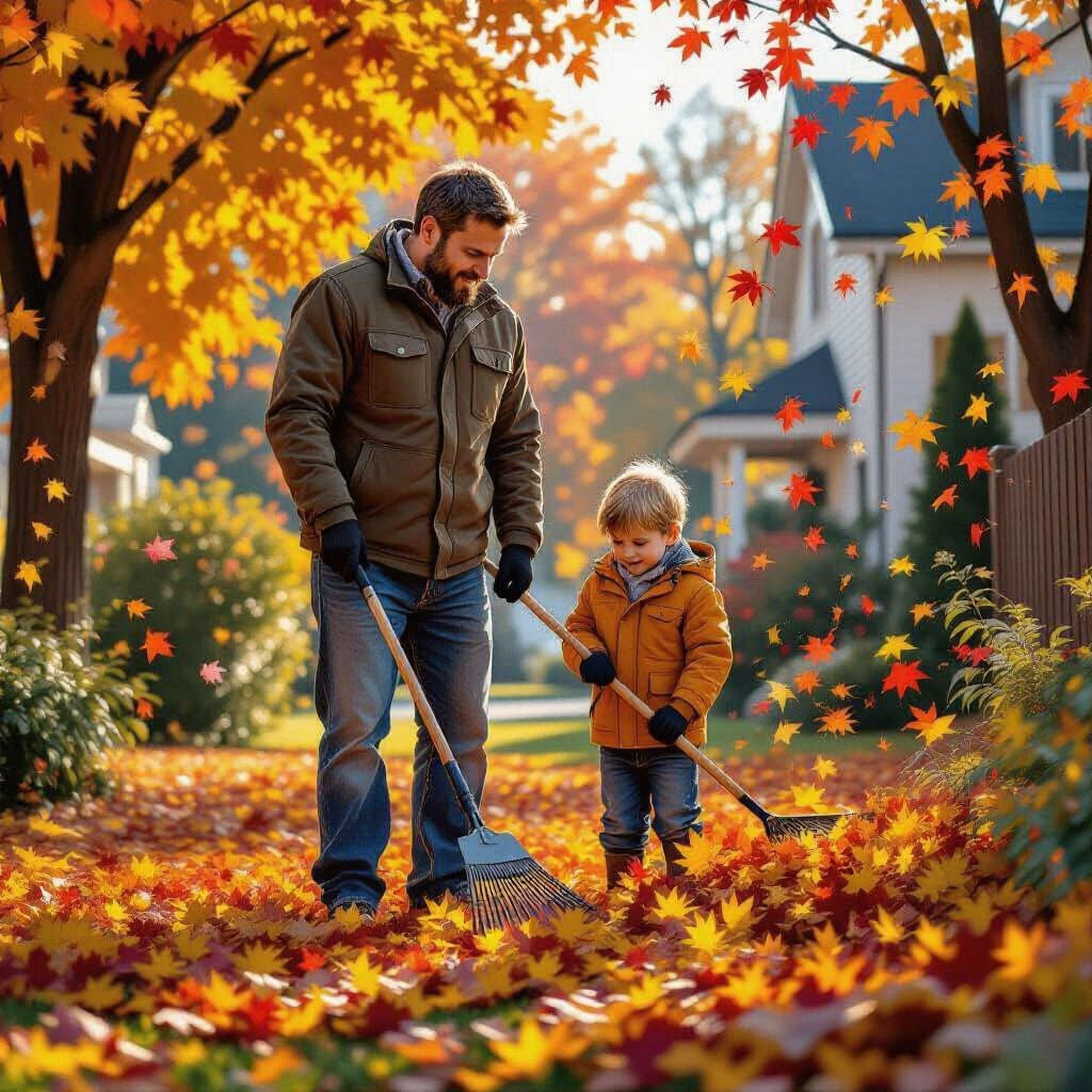 Father and Son Raking Leaves in Yard